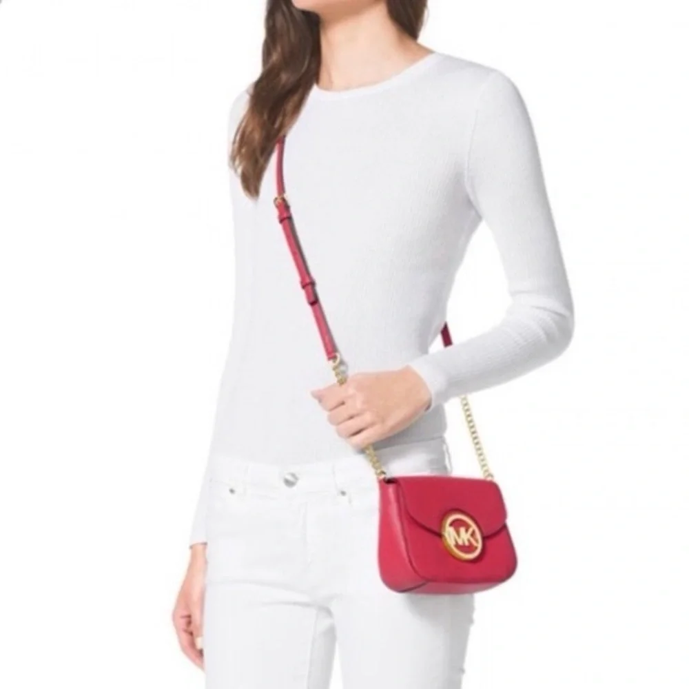 Michael Kors‎ Fulton Red and Gold Crossbody Bag with Flap Closure Lipstick